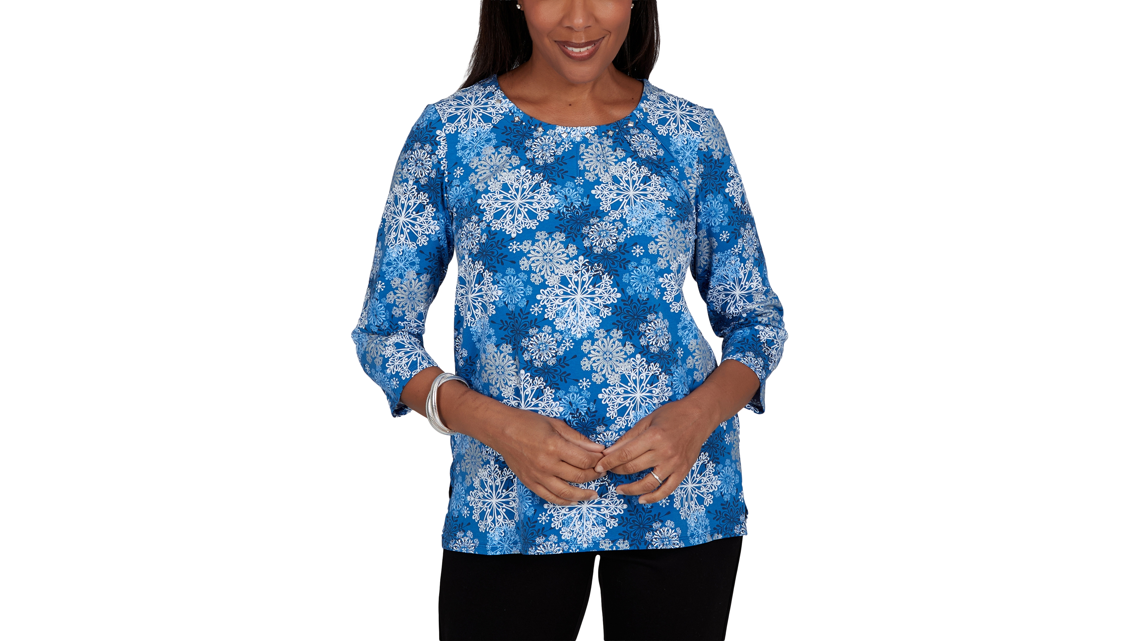 Alfred Dunner Women's Classic Blue Snowflake Print Knit Top