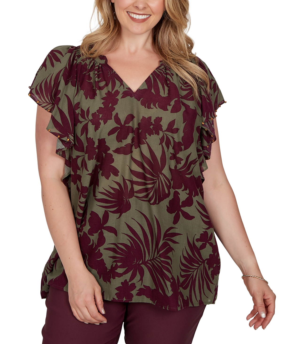 Ruby Rd. Plus Size Tropical Print Gauze Flutter-Sleeve Top