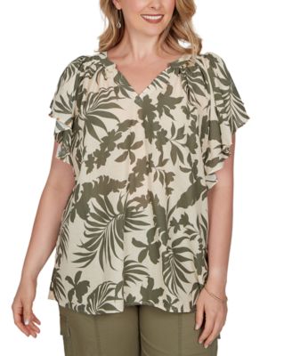 Plus Size Tropical Print Gauze Flutter-Sleeve Top