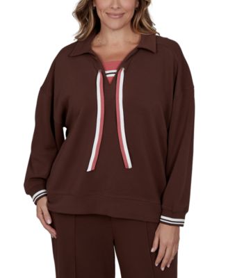 Plus Size Stripe Trim Drawstring Pullover Top