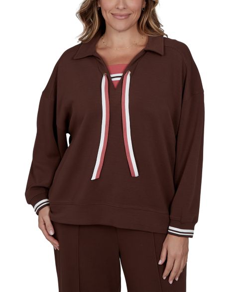 Женский свитер Ruby Rd. Plus Size Stripe Trim Drawstring Pullover Top, цвет: Тёмный шоколадный