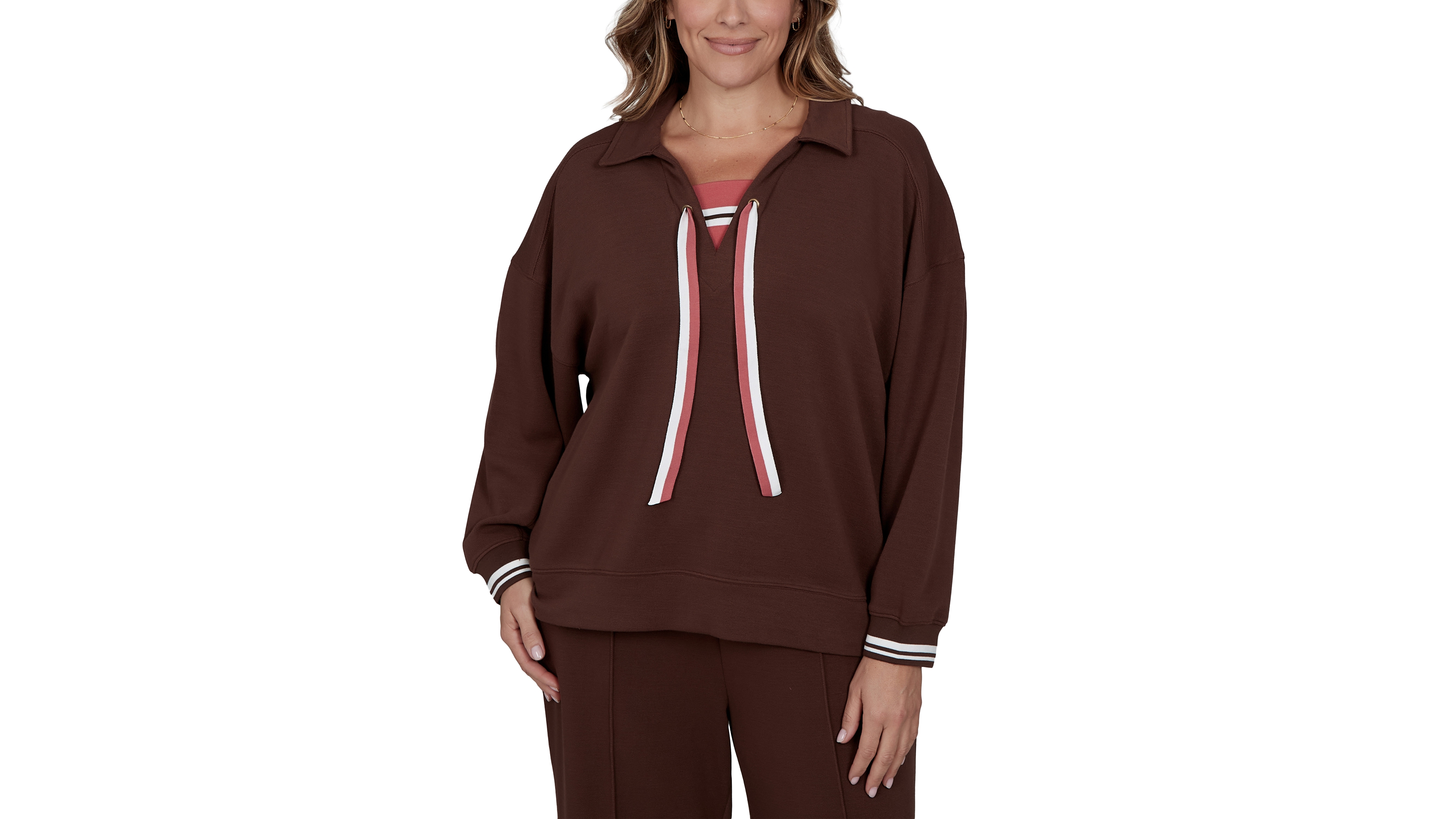 Ruby Rd. Plus Stripe Trim Drawstring Pullover Top