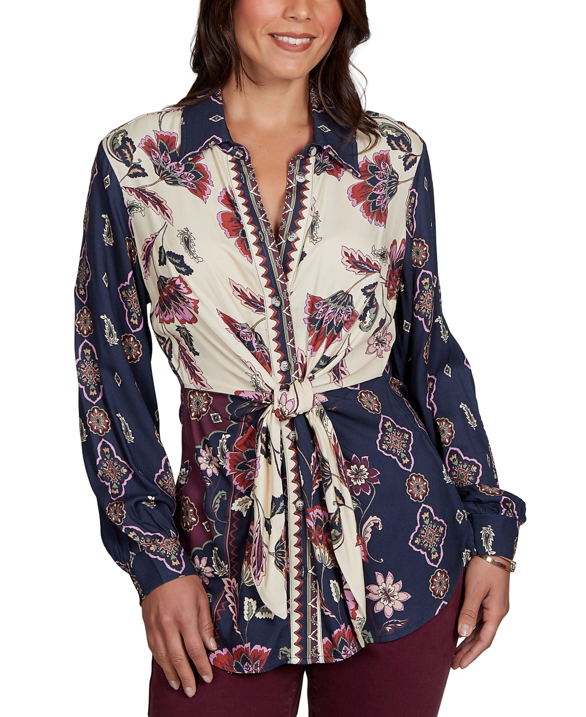 Ruby Rd. Petite Garden Tie-Front Long-Sleeve Floral-Print Blouse