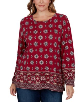 Plus Size Medallion Long-Sleeve Scoop Neck Top