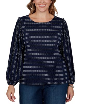 Plus Size Dobby Stripe Long-Sleeve Boat Neck Blouse