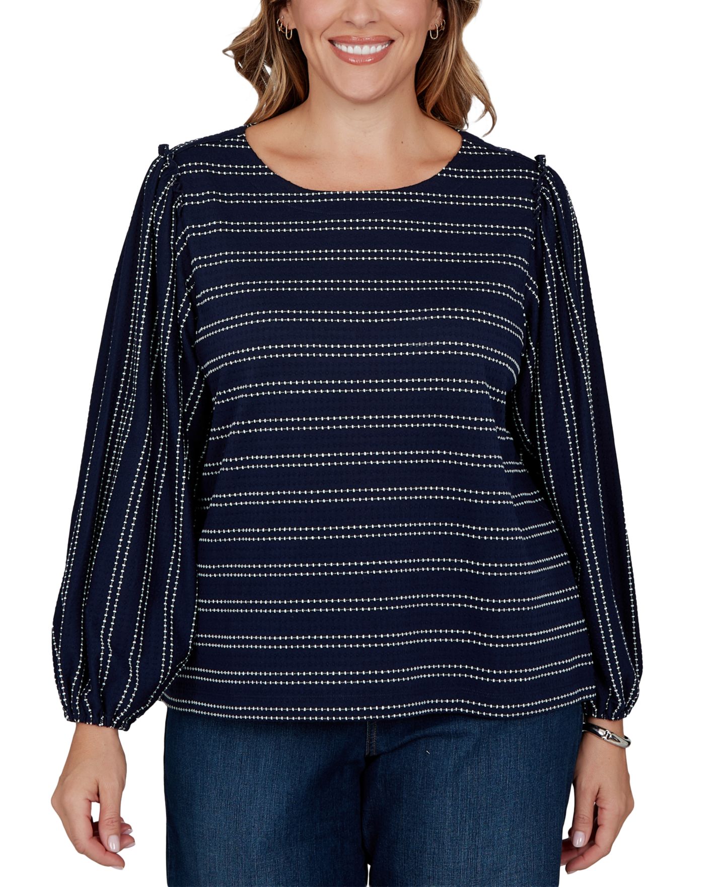 Женская блузка Ruby Rd. Plus Size Dobby Stripe Long-Sleeve Boat Neck, цвет: Разноцветный — фото 6