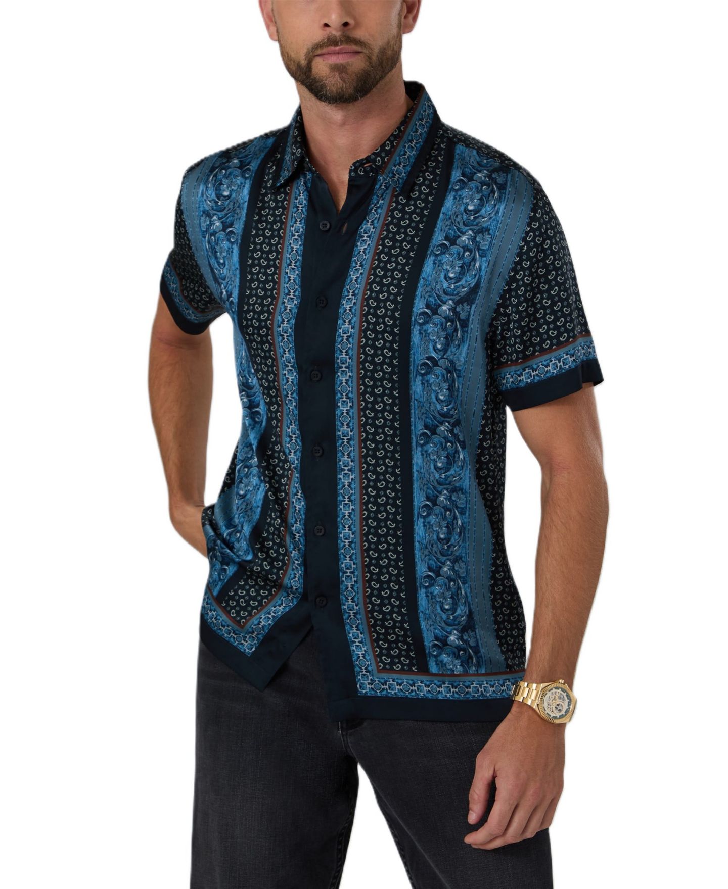 Мужская рубашка GUESS Hugh Paisley Charm Short-Sleeve Classic-Fit, цвет: С принтом тёмно-синий — фото 4