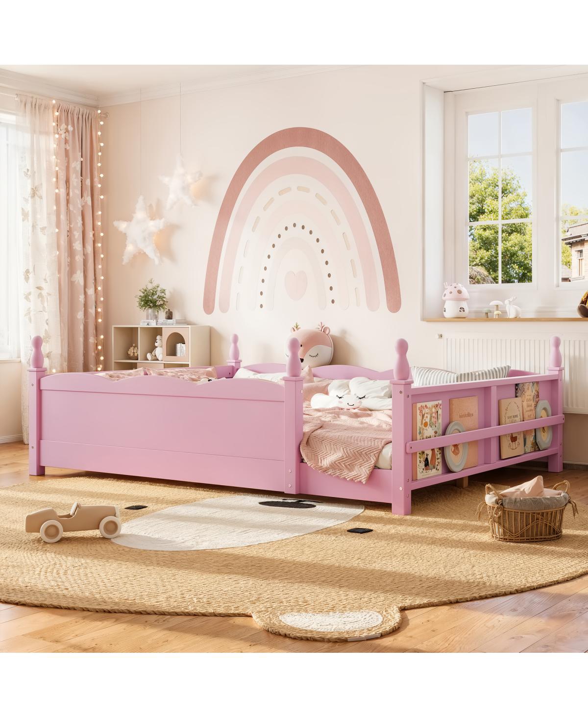 Streamdale Furniture Queen Montessori Kids Floor Bed with Bookshelf and Guardrails