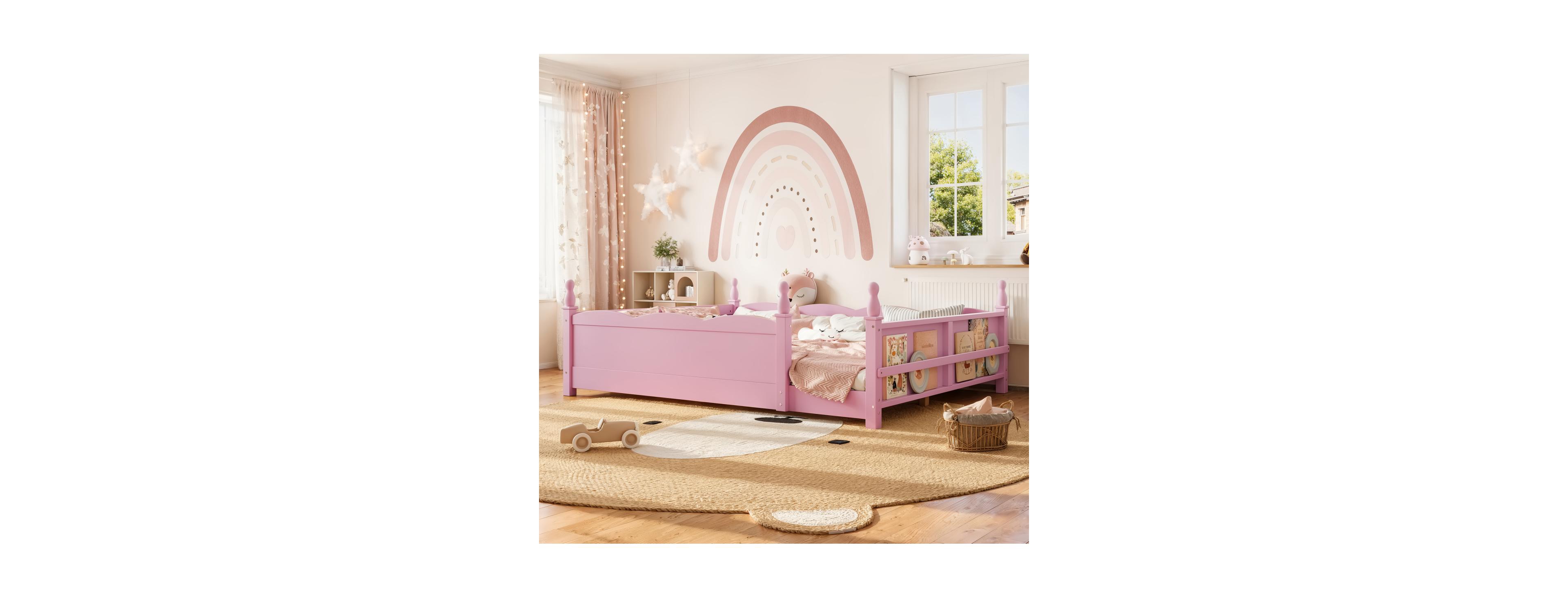 Streamdale Furniture Queen Montessori Kids Floor Bed with Bookshelf and Guardrails