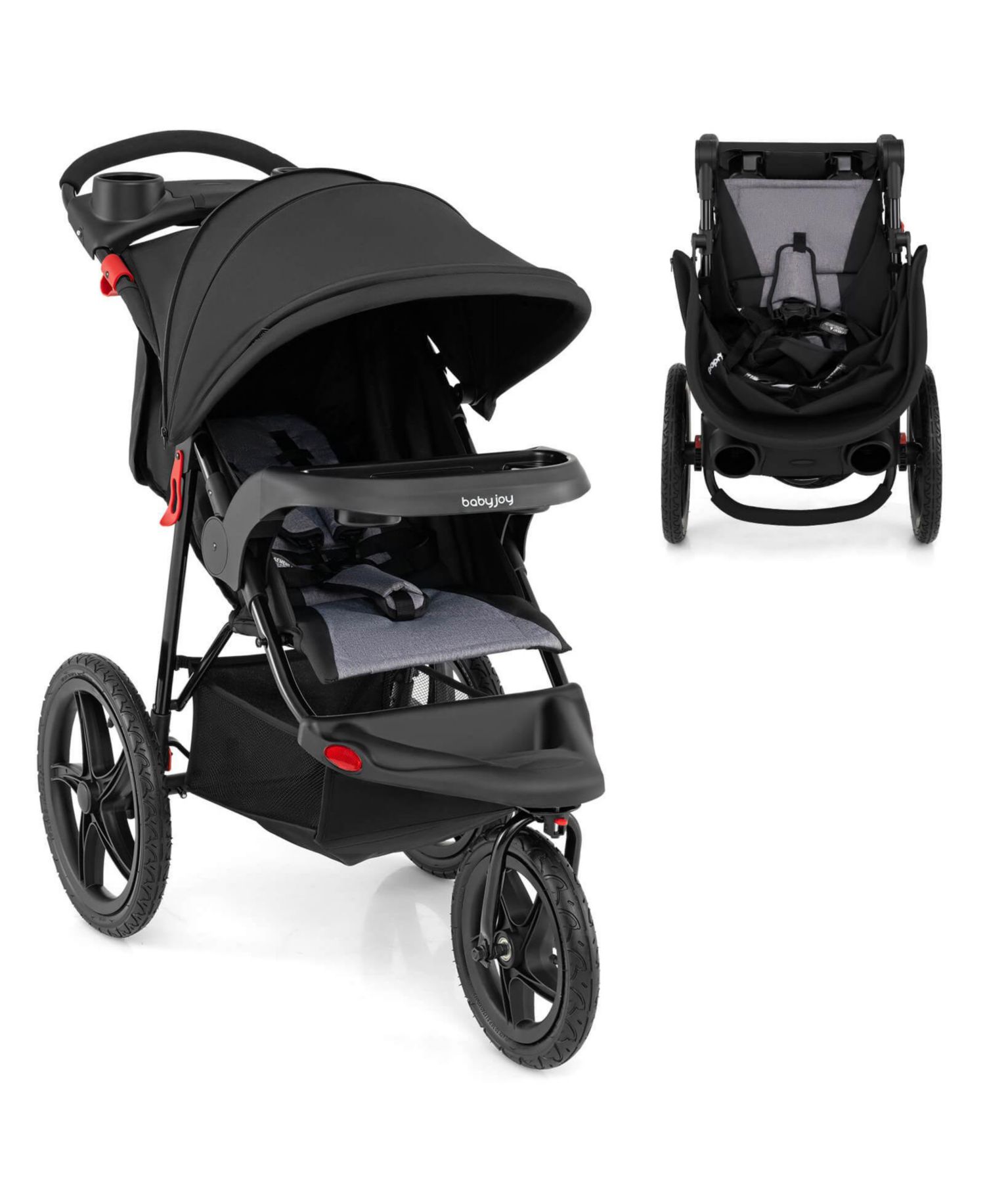 Jogging Stroller Foldable Jogger with Adjustable Canopy Detachable Tray Cup