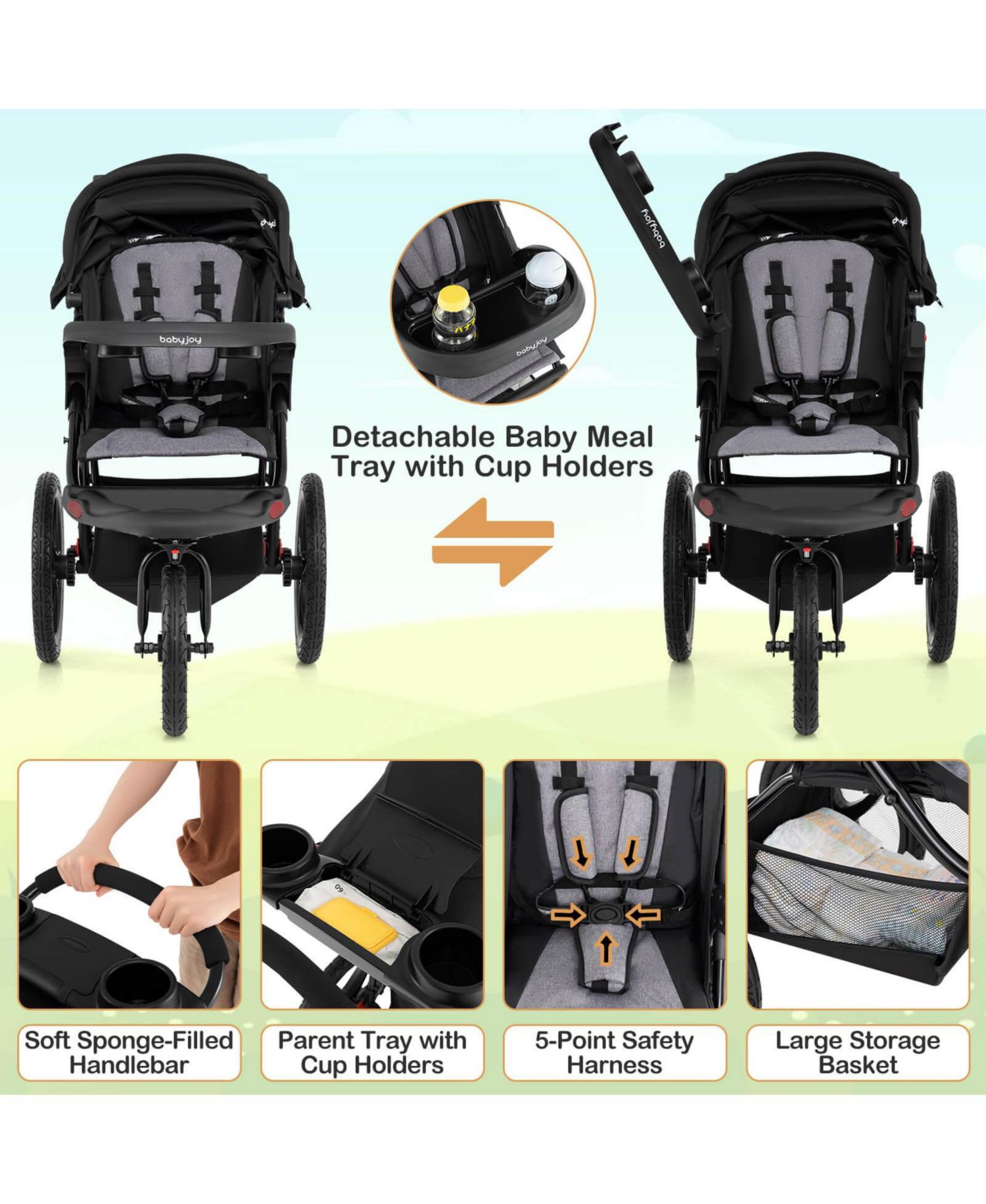 Jogging Stroller Foldable Jogger with Adjustable Canopy Detachable Tray Cup