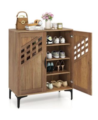 4 Tier Farmhouse Shoe Storage Cabinet with Removable Shelves and Metal Legs Oak