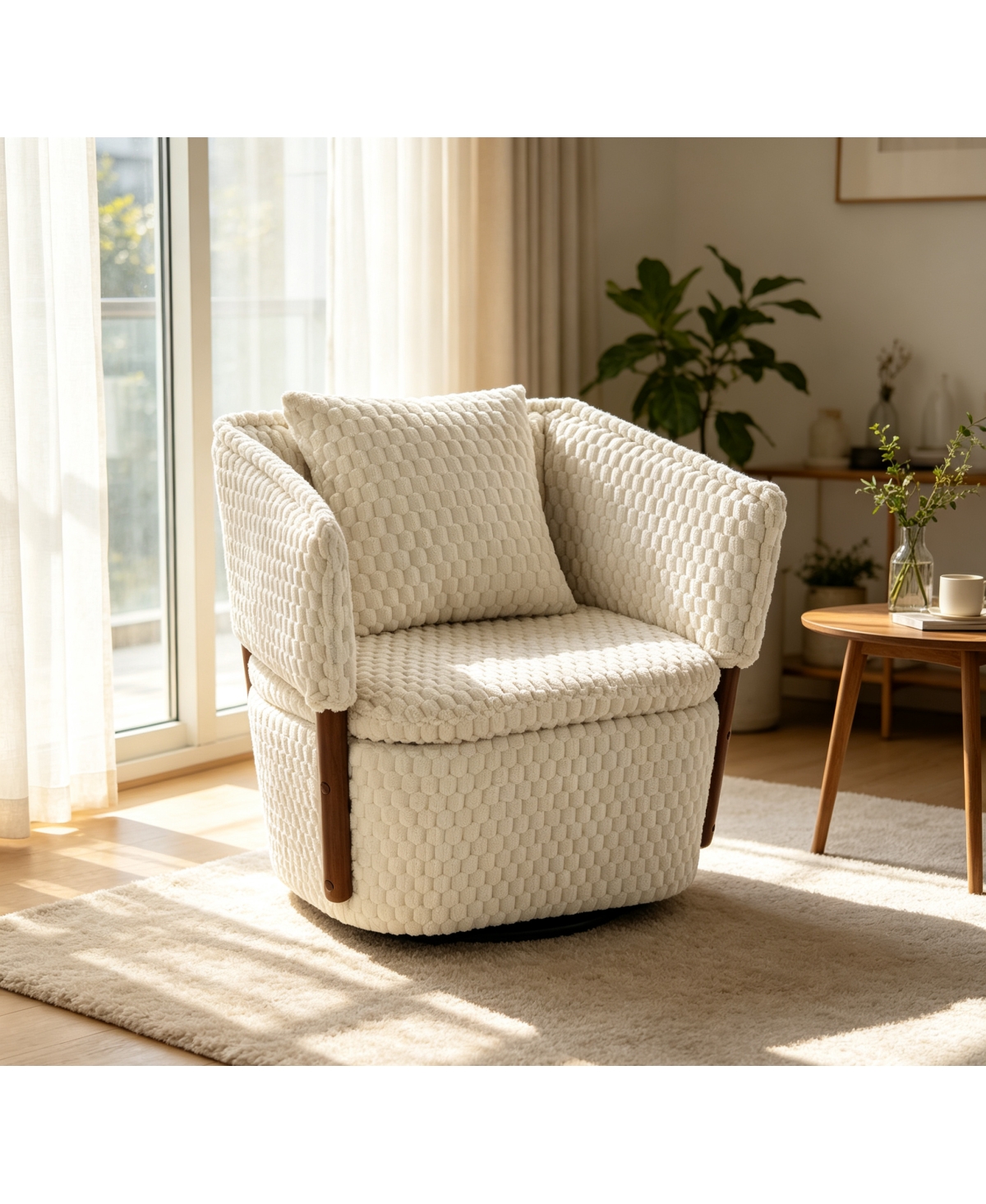 Streamdale Furniture Mid Century Modern Swivel Accent Chair with Storage and Waist Cushion - Antique white