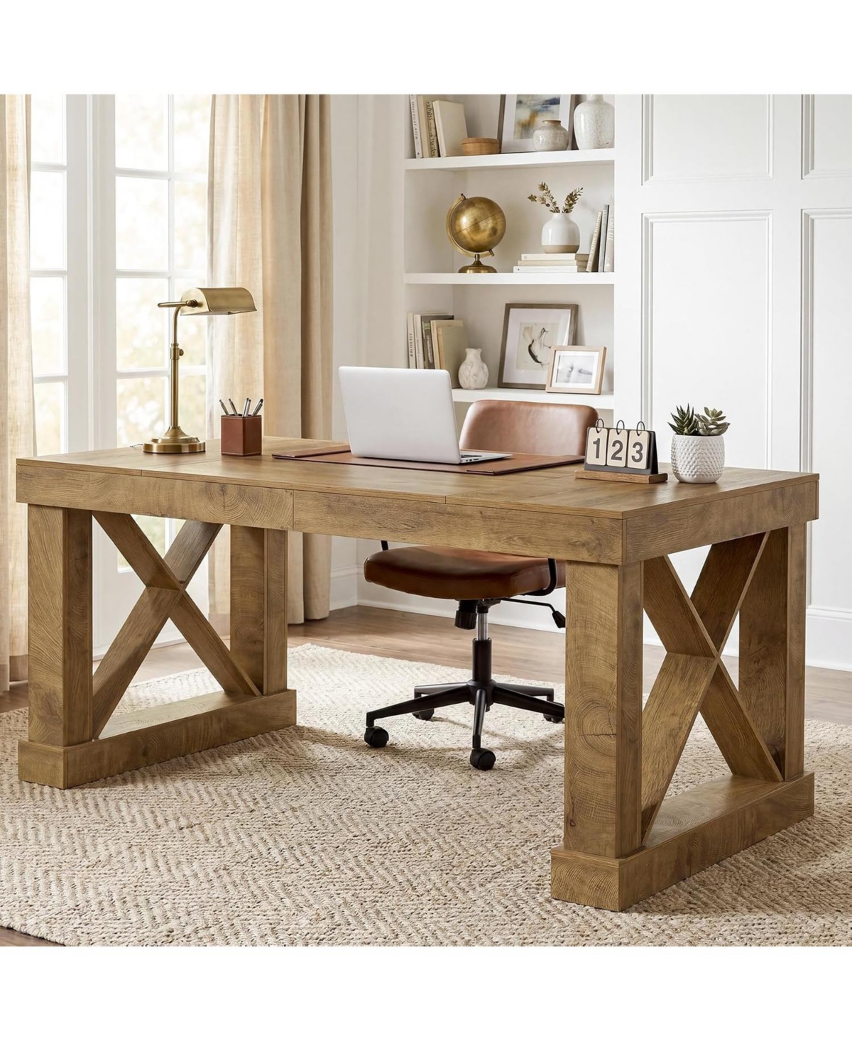 Tribesigns 63-Inch Executive Desk, Farmhouse Office Computer Desk - Light brown