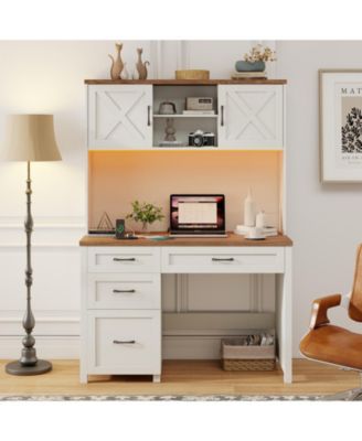 Farmhouse Executive Desk with Hutch, Storage and LED Lights