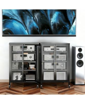 35.8-Inches Media Storage Cabinet with Wheels, 4 Adjustable Glass Shelves and Door