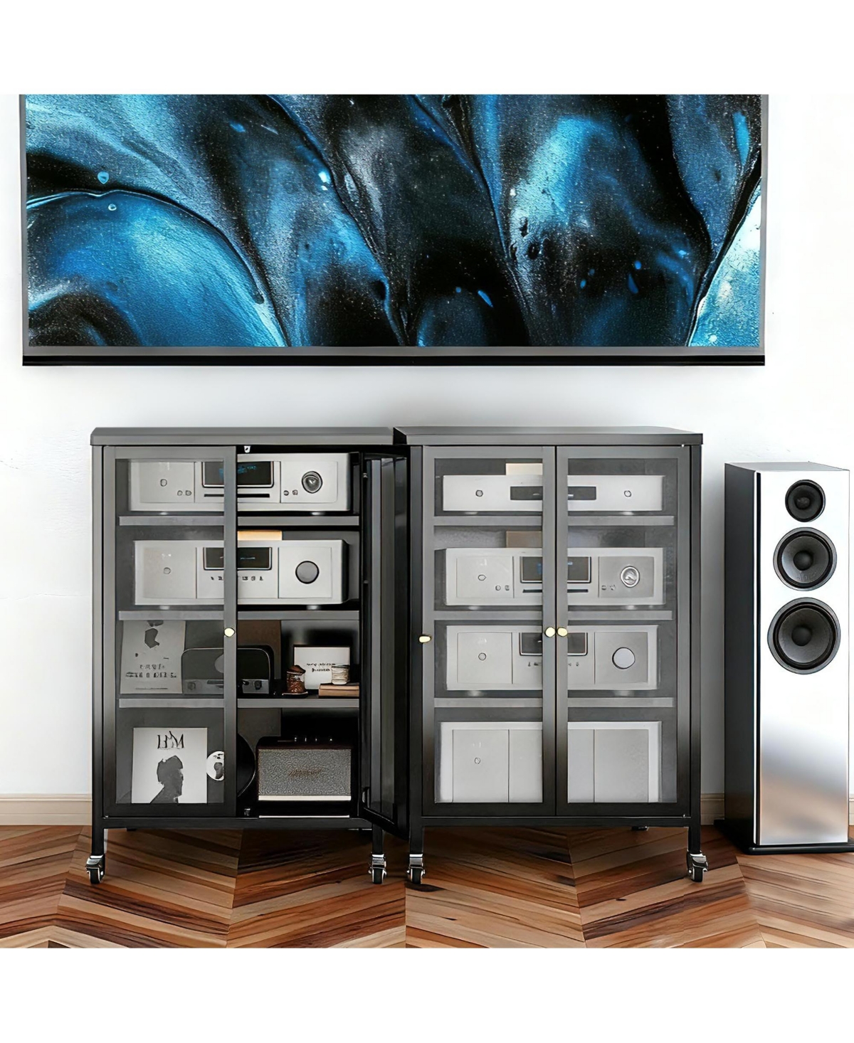 sumyeg 35.8-Inches Media Storage Cabinet with Wheels, 4 Adjustable Glass Shelves and Door