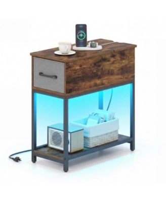 Narrow Side Table with Charging Station and LED Lights Industrial End Table