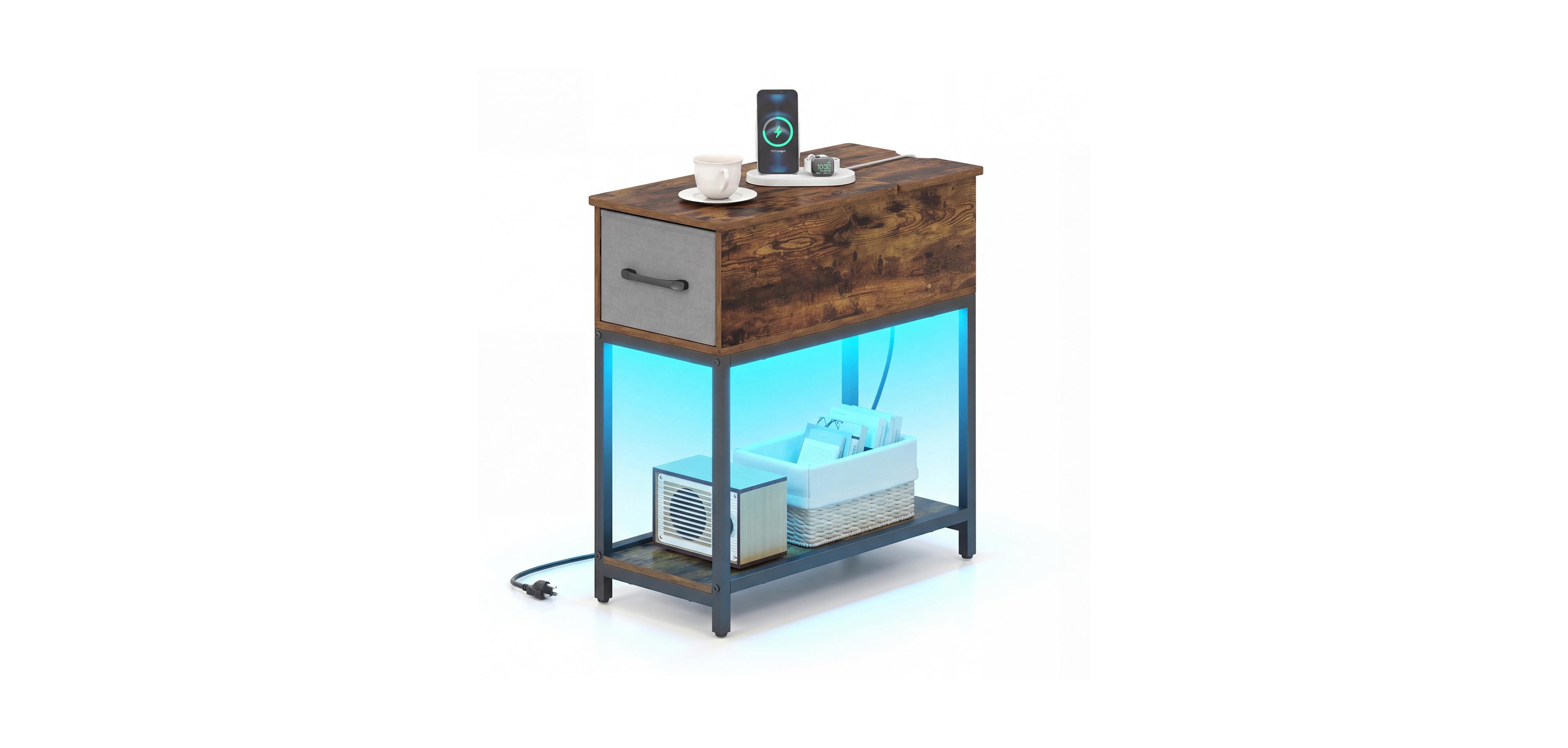 Mecale Narrow Side Table with Charging Station and Led Lights Industrial End Table