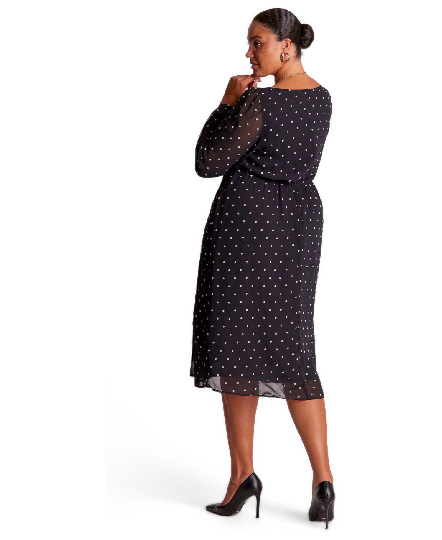 Women's Sable Polka Dot Square Neck Long Sleeve Midi Dress