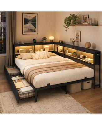 Twin Corner Daybed Frame with Storage Drawers, Black Wood and Metal with Bookcase Headboard and Charging Station