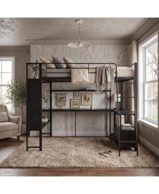 Full Loft Bed Frame with Desk, Black Metal and MDF with Charging Station and Storage