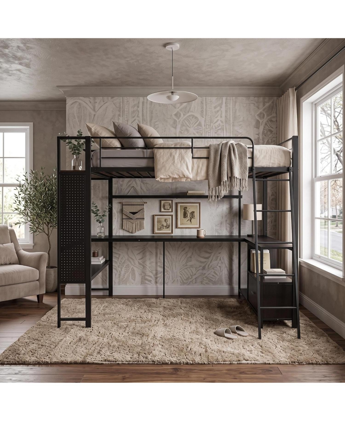 homfan Full Loft Bed Frame with Desk, Black Metal and Mdf with Charging Station and Storage