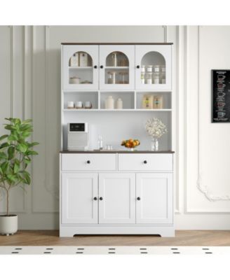 71 Pantry Cabinet with Glass Doors 8-Cubby Storage and 2 Drawers Kitchen/Dining Room