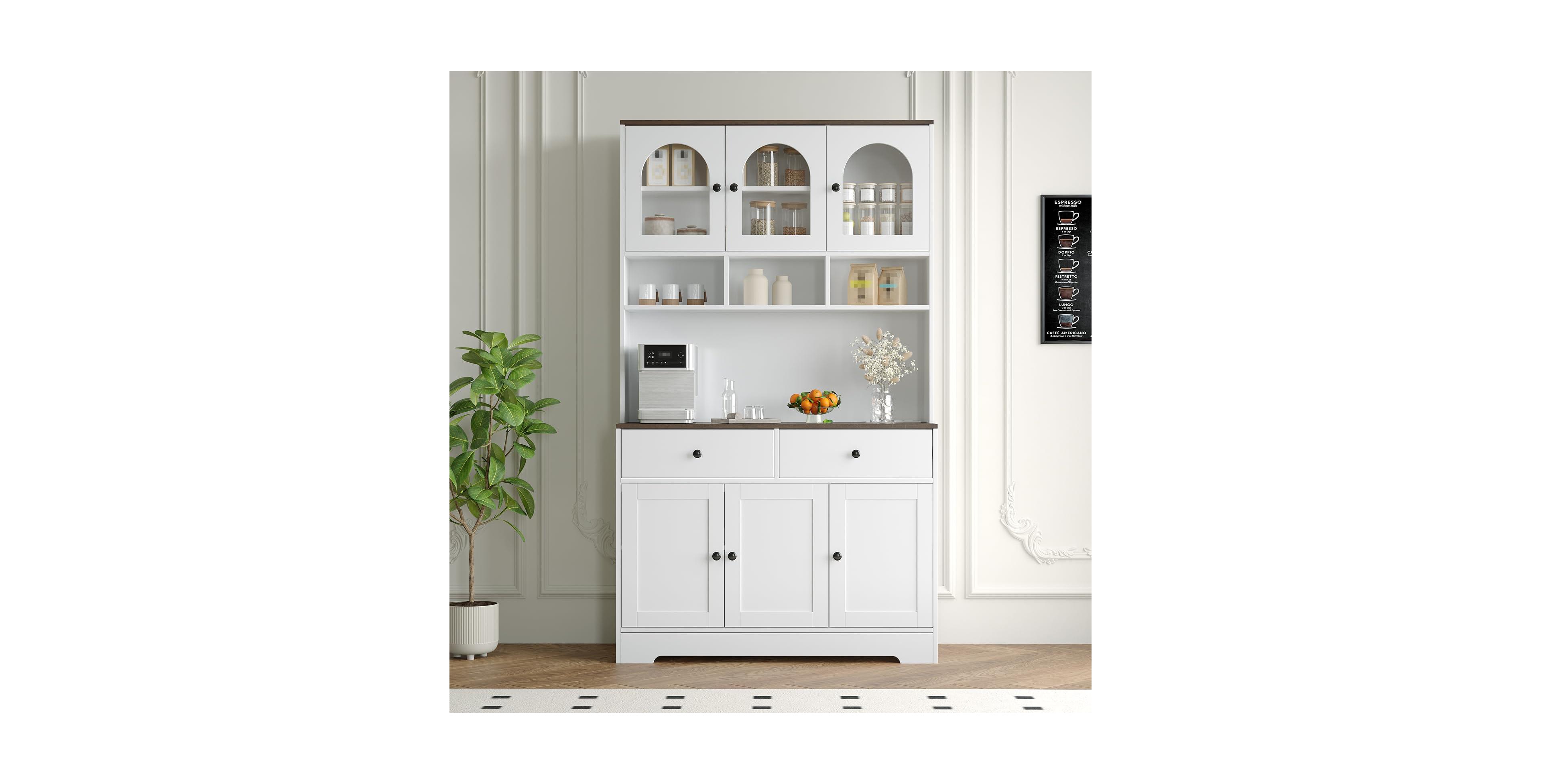 homfan 71 Pantry Cabinet with Glass Doors 8-Cubby Storage and 2 Drawers Kitchen/Dining Room