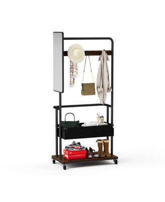 Sturdy Metal 3-in-1 Coat Rack with Mirror, Basket and Casters