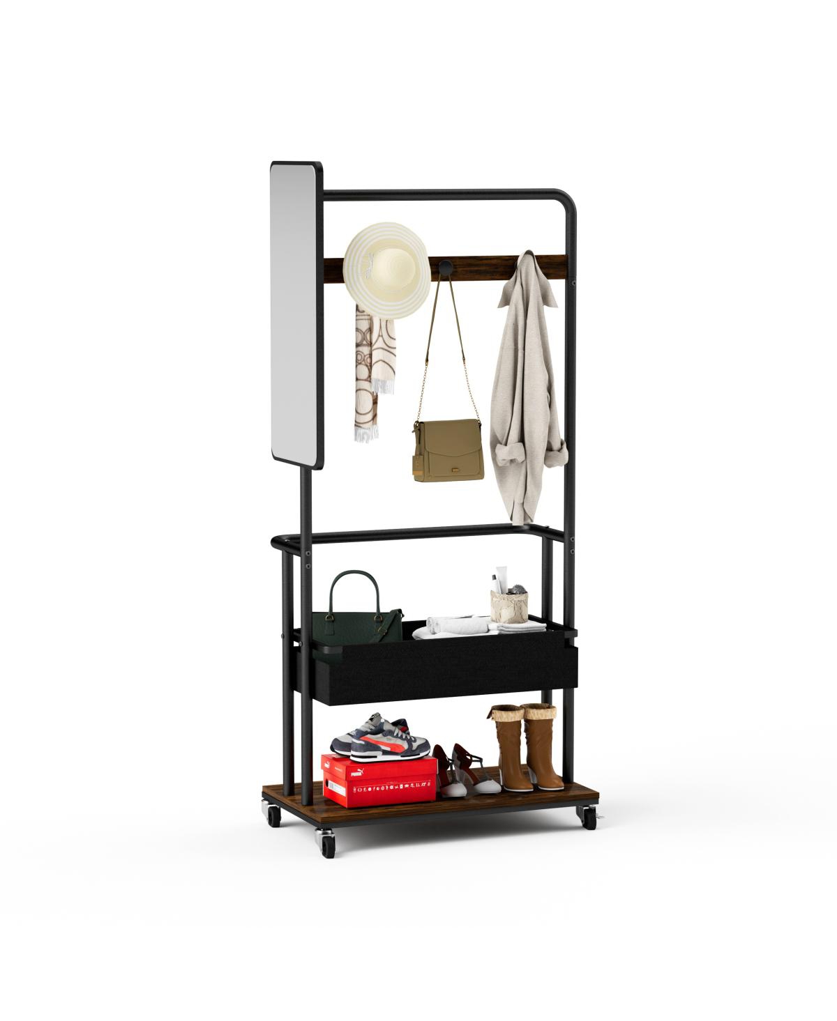 Streamdale Furniture Sturdy Metal 3-in-1 Coat Rack with Mirror, Basket and Casters - Black,rustic brown