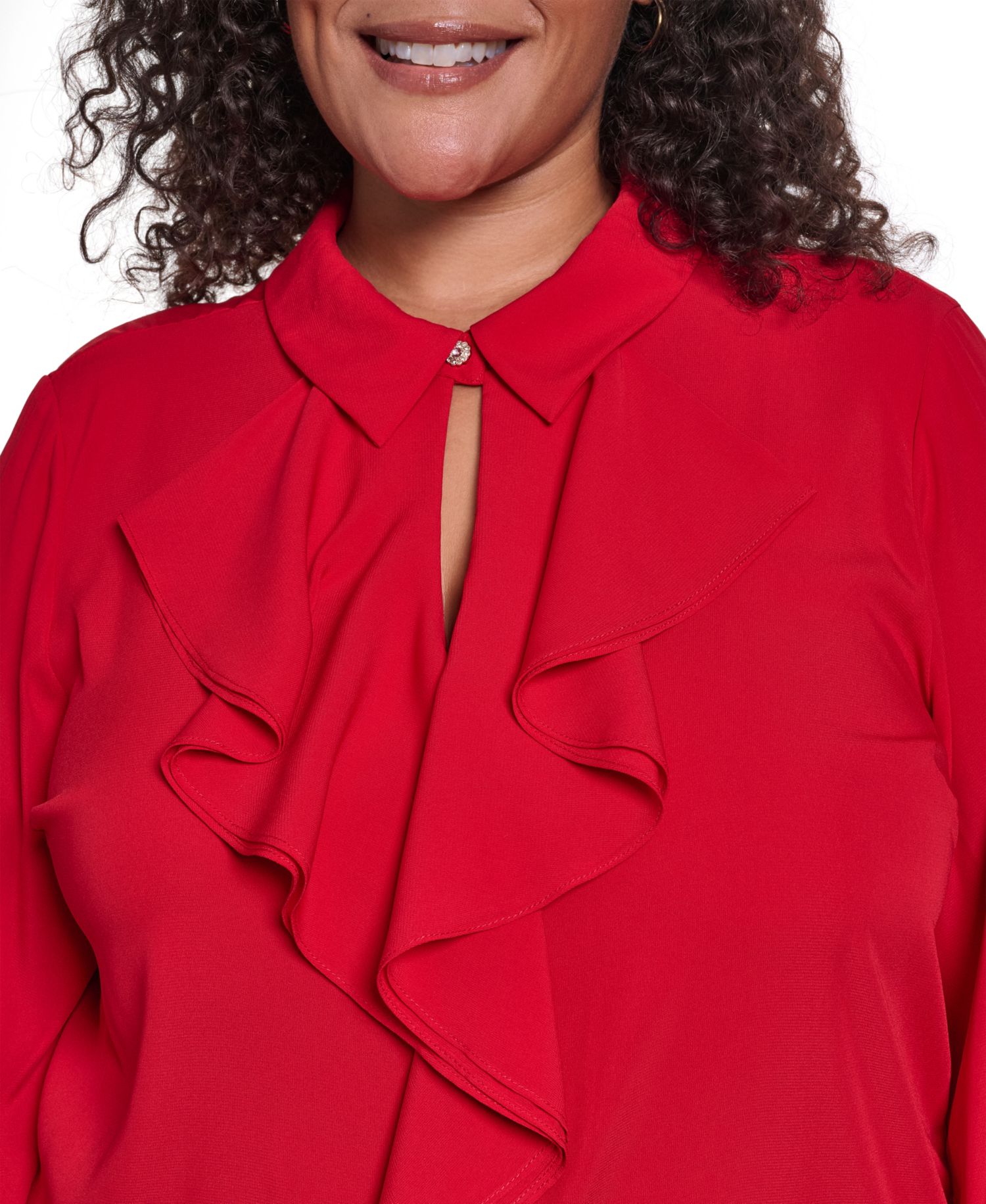 Plus Size Button-Up Ruffle-Trim Keyhole Blouse