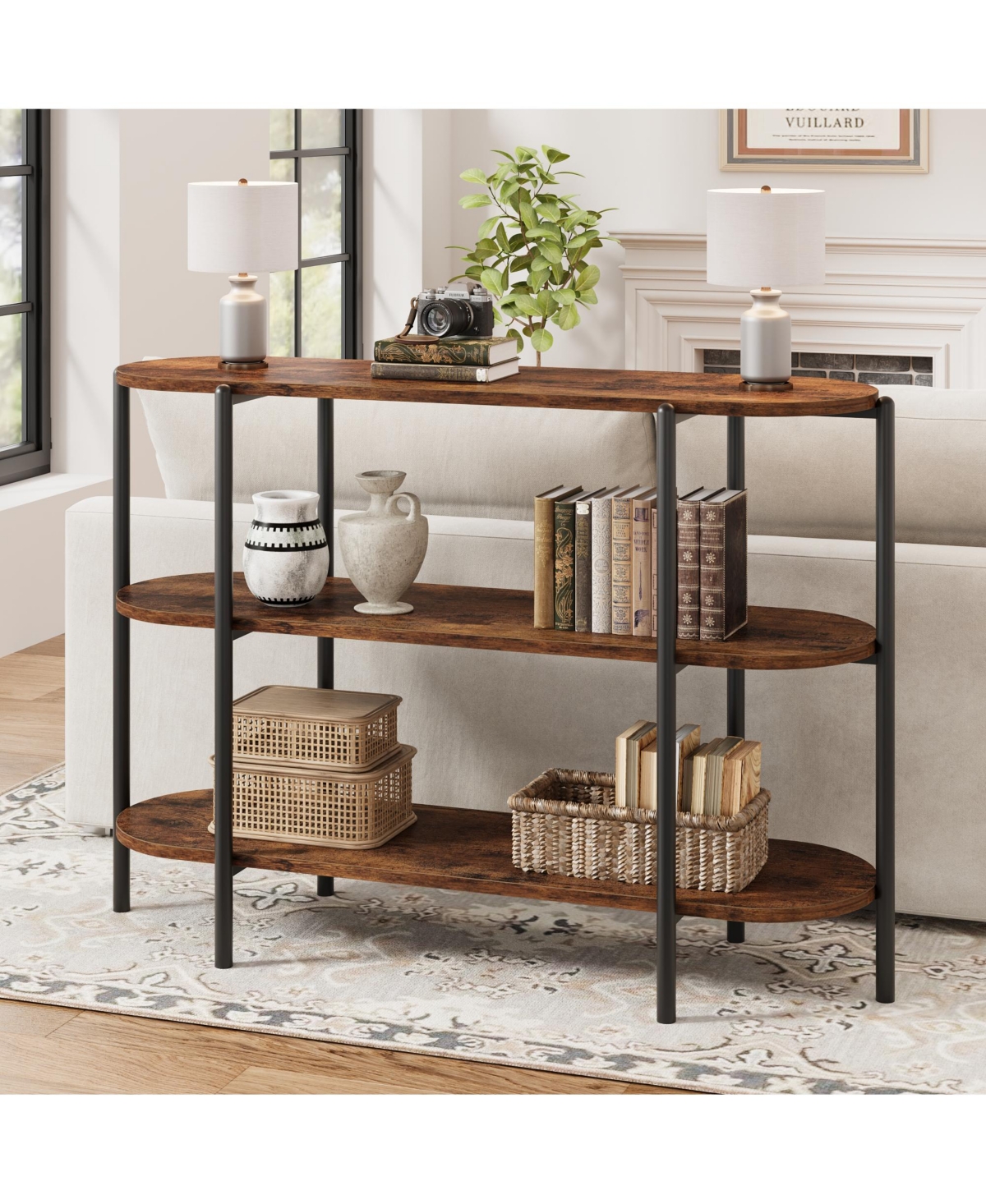 homfan 47.2" 3-Tier Industrial Metal Console Table, Sofa Table for Entryway, Living Room