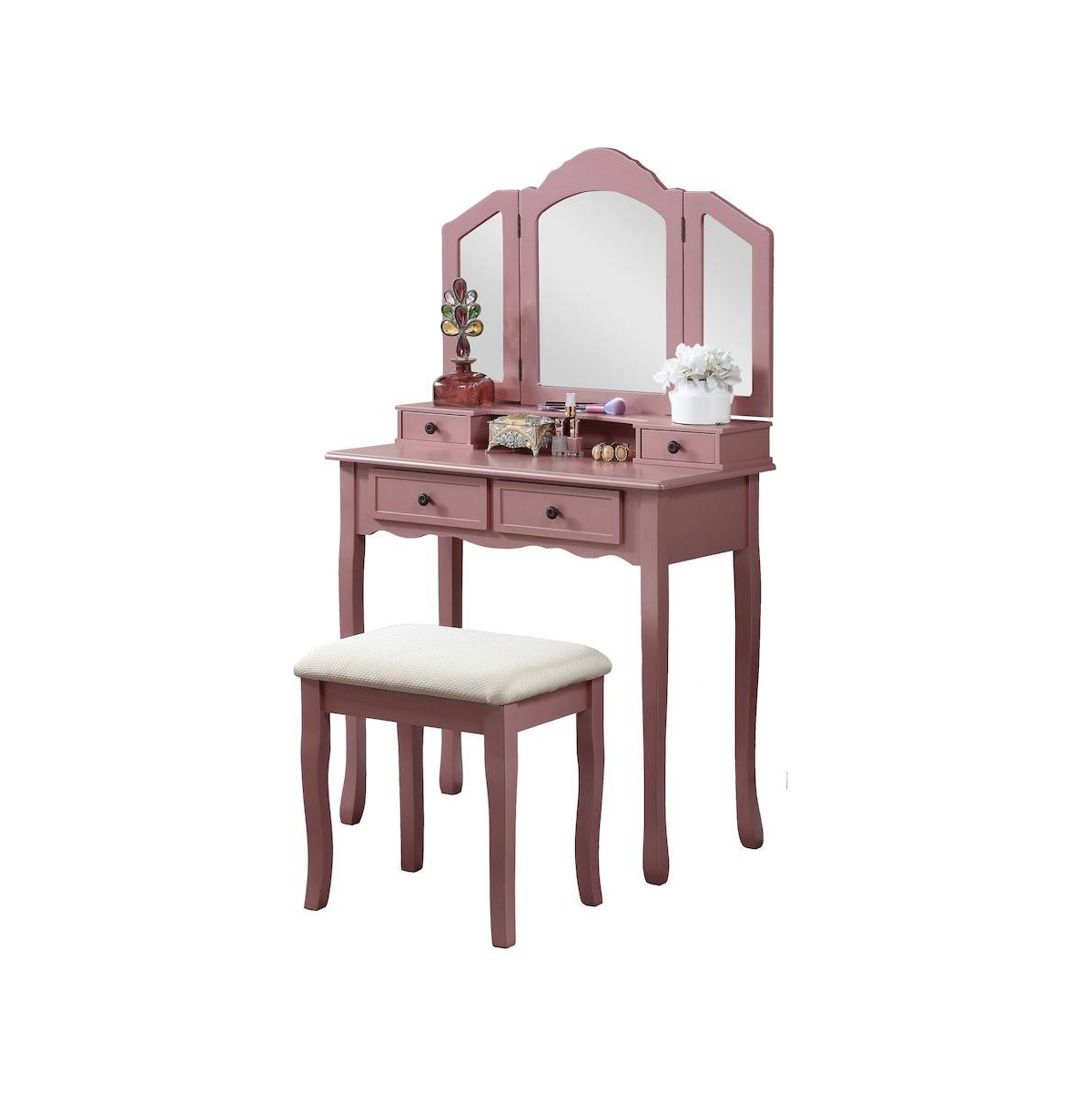 Roundhill Furniture Sanlo Finish Wood Vanity, Makeup Table and Stool Set