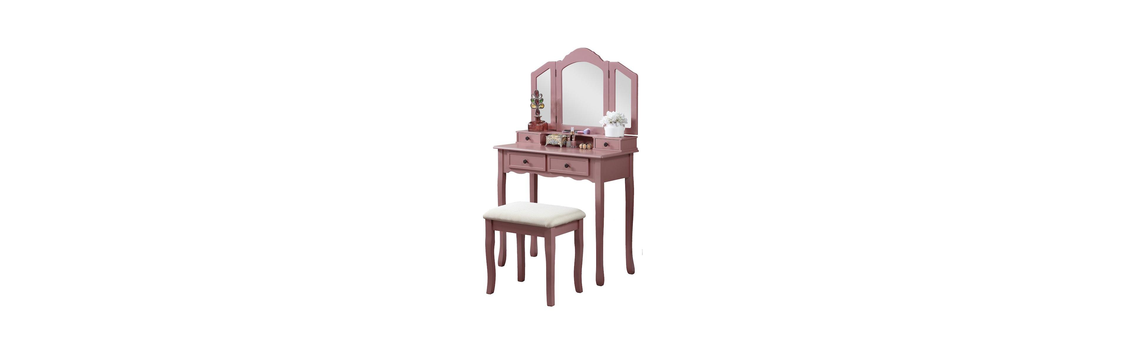 Roundhill Furniture Sanlo Finish Wood Vanity, Makeup Table and Stool Set