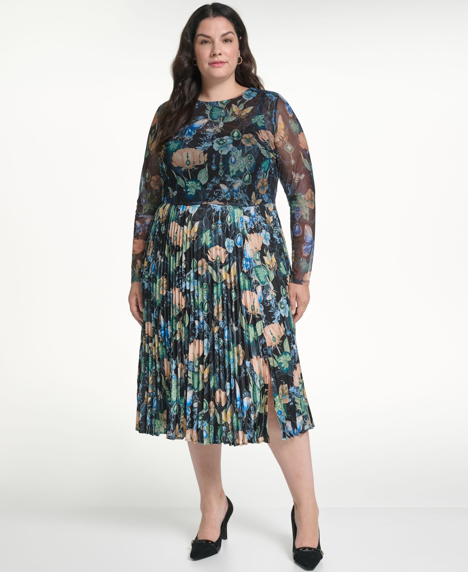 Plus Size Mixed Media Mesh Long-Sleeve Dress