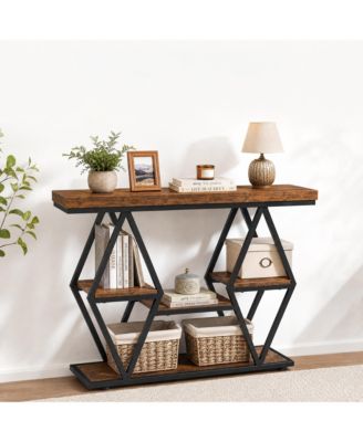 3 Tier Console Table, 39" Metal Sofa Table with Open Storage Shelve and Wood Tabletop, Accent Table for Narrow Entryway Hallway Living Room