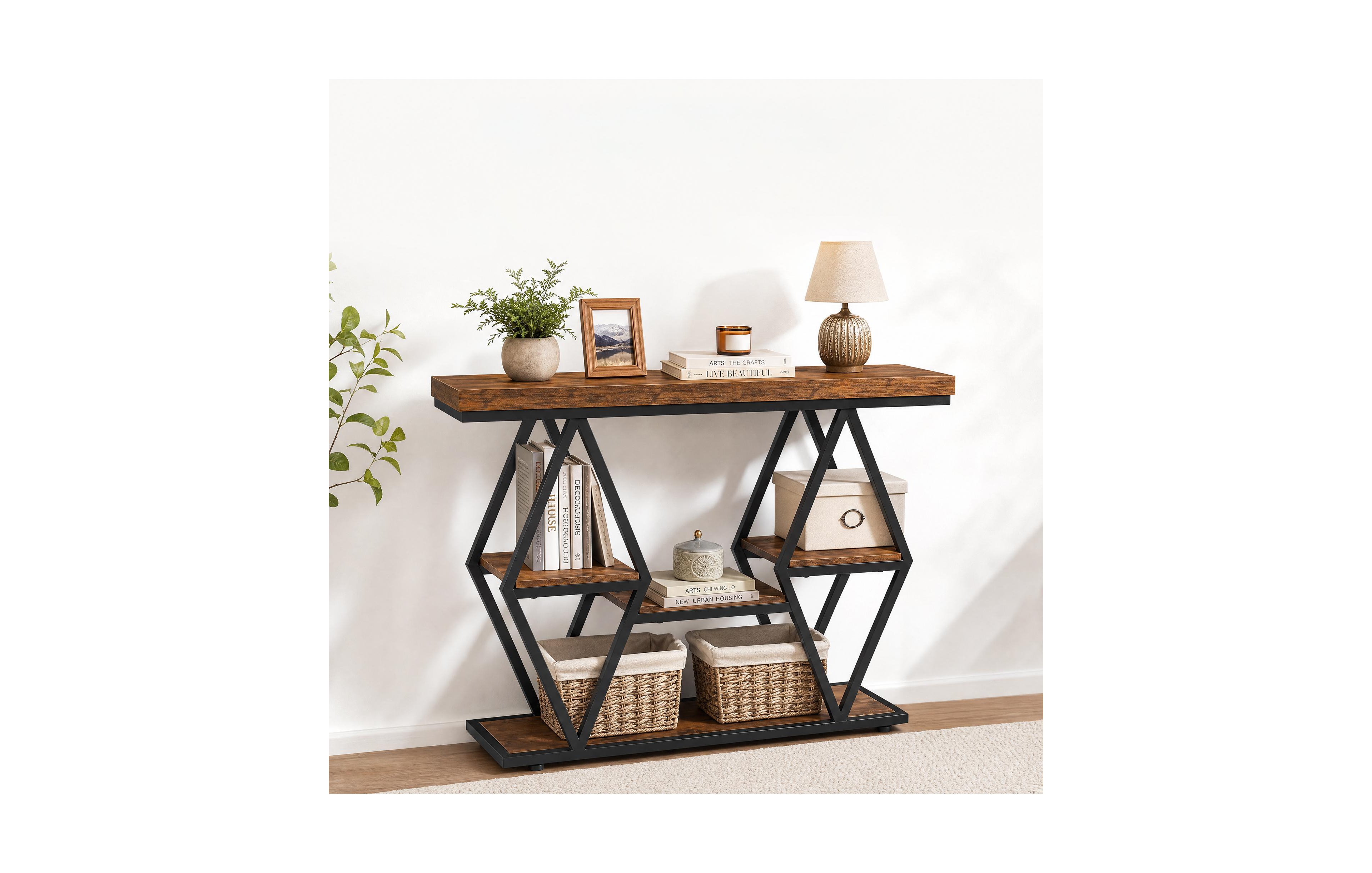 homfan 3 Tier Console Table, 39" Metal Sofa Table with Open Storage Shelve and Wood Tabletop, Accent Table for Narrow Entryway Hallway Living Room