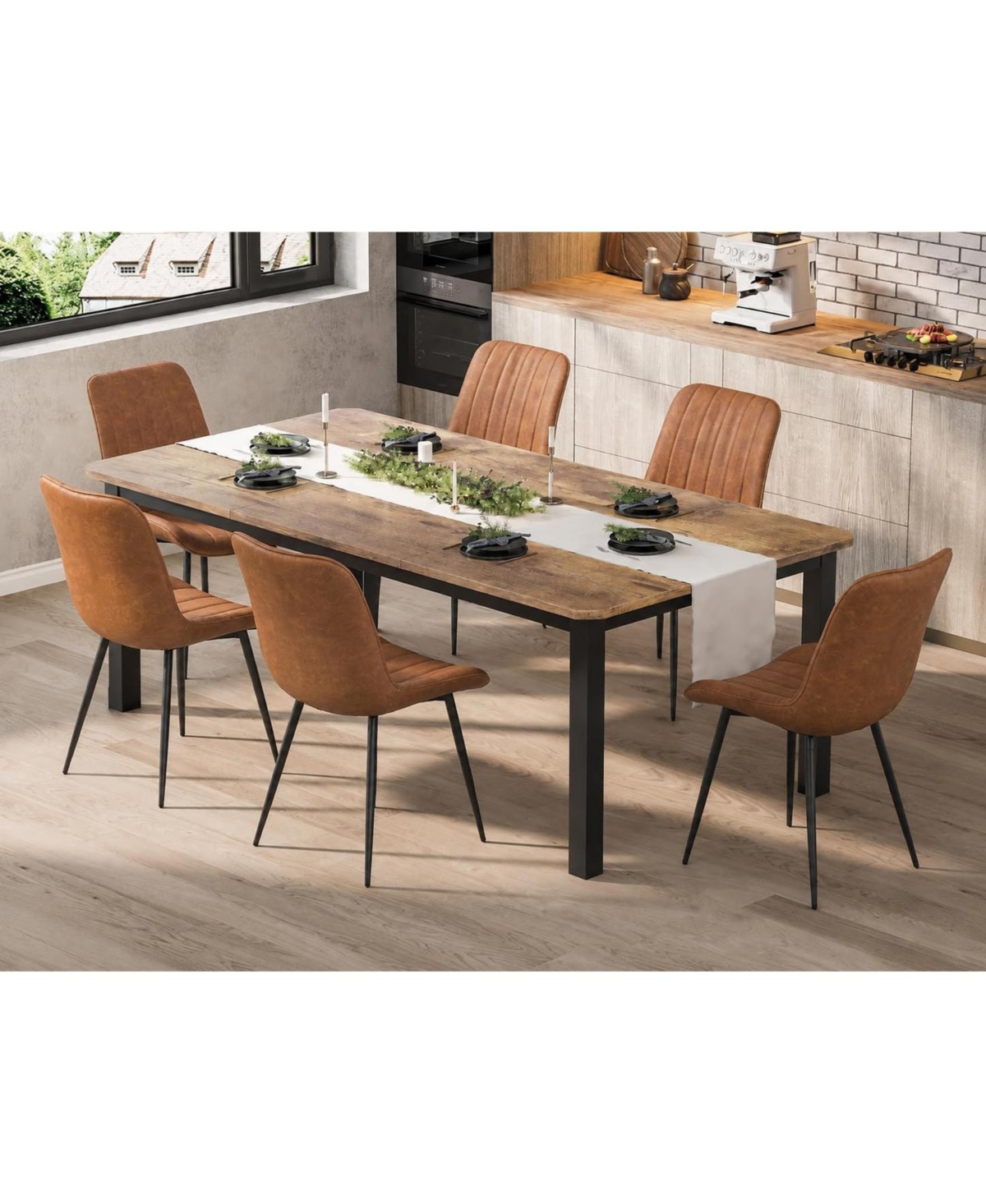 homfan 78.7 inch Dining Table Set for 6 with Pu Leather Chairs, Mdf Top and Metal Legs