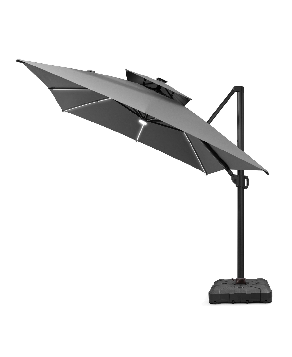 Pellebant 13 ft. x 10 ft. Solar Led Patio Umbrella Windproof 360degree(s) Swivel Offset Cantilever Umbrella with Base - Dark Grey