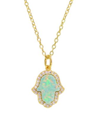 Hamsa Hand Necklace with Lab Grown Opal in 14k Gold Plated Sterling Silver