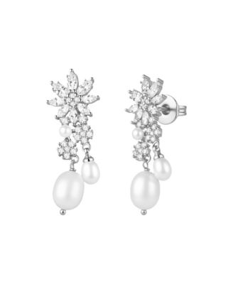 Faux Pearl and Crystal Silver-Tone Floral Drop Earrings