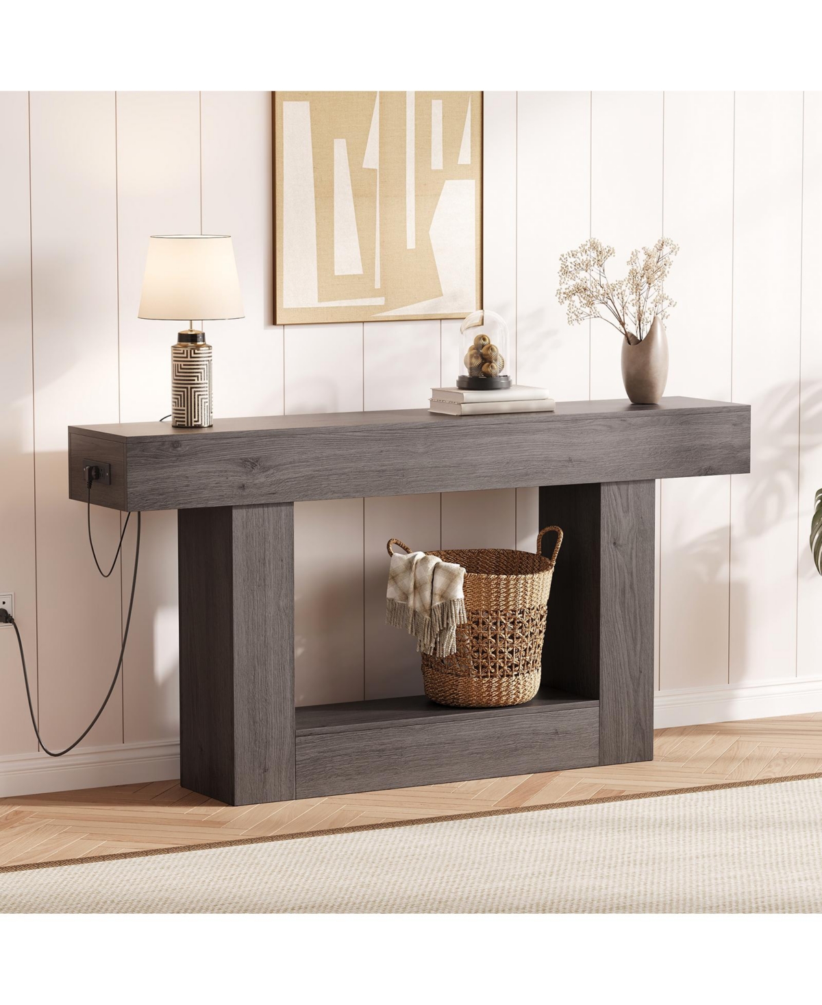 homfan Farmhouse Console Table with Charging Station and Storage