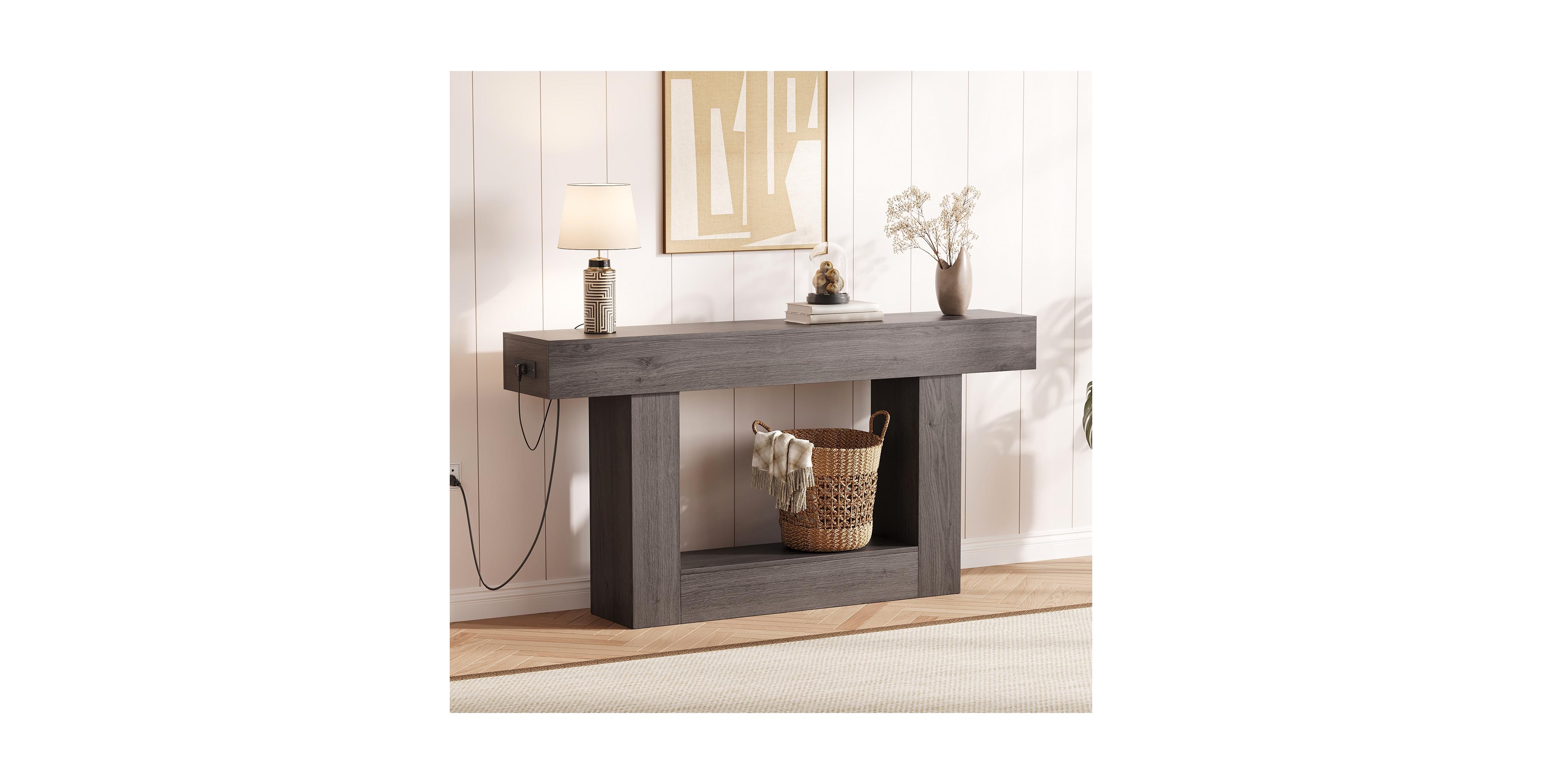 homfan Farmhouse Console Table with Charging Station and Storage