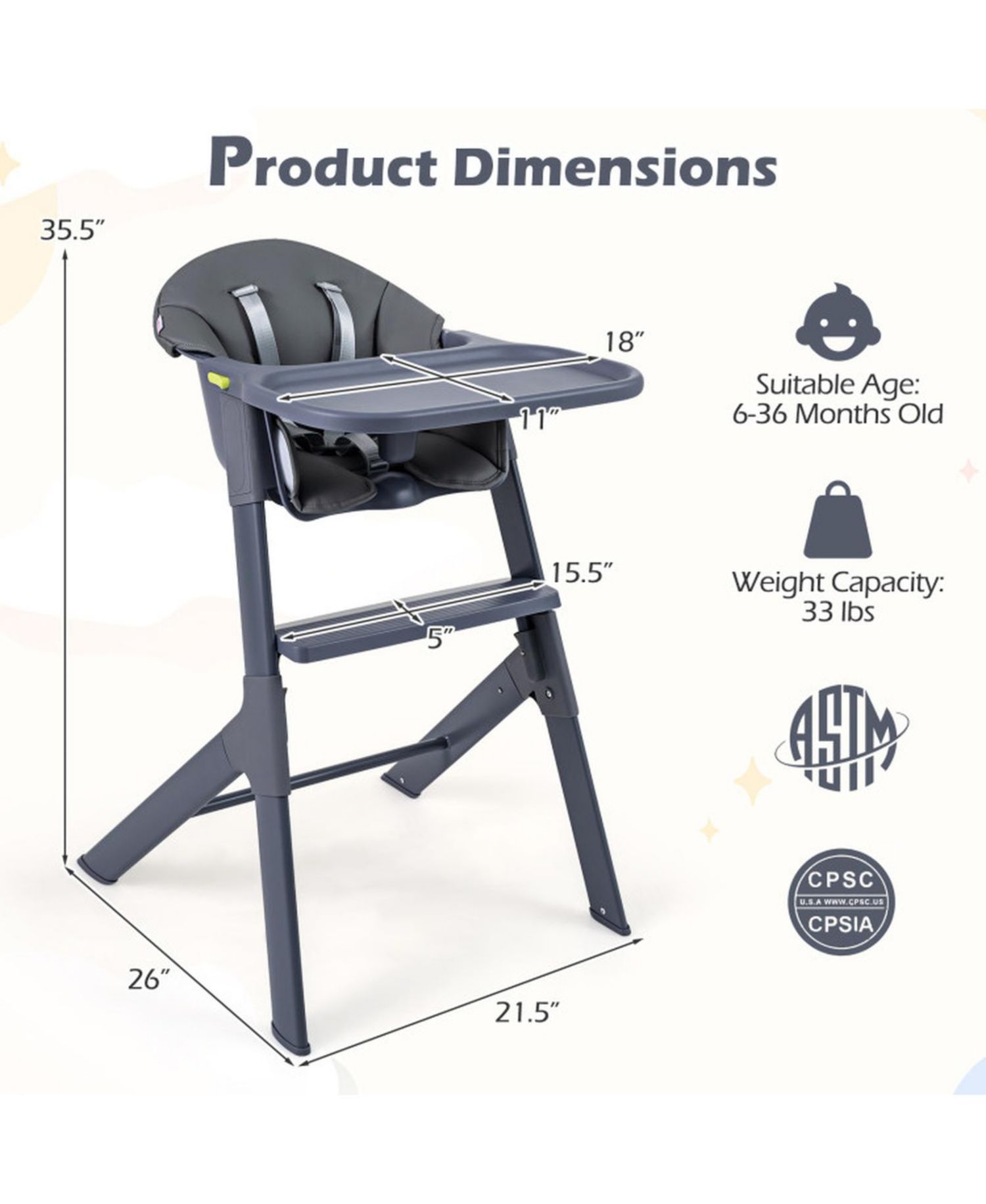 Footrest-Equipped 3-in-1 Washable High Chair for Toddlers