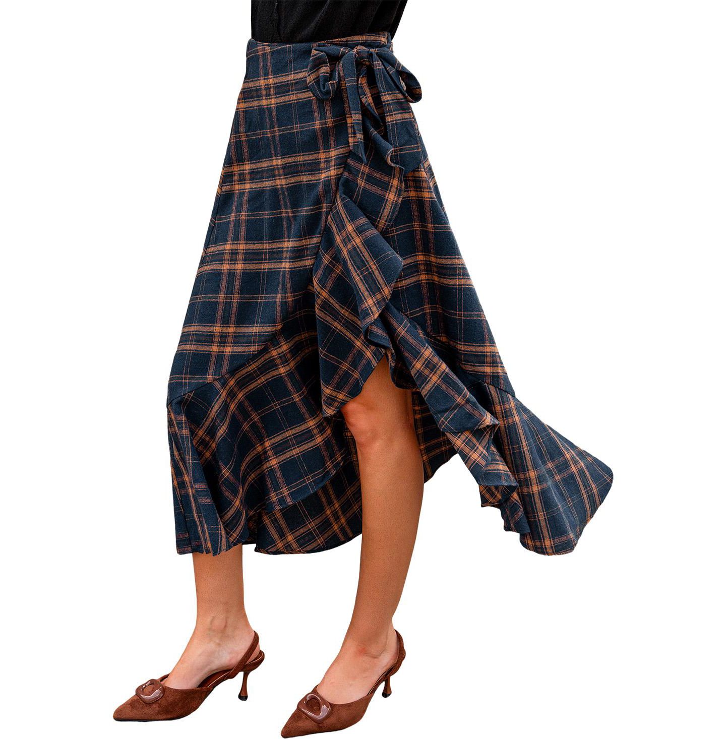 Женская юбка Cupshe Extra Credit Plaid High-Waisted Asymmetrical Midi, цвет: Тёмный синий — фото 2