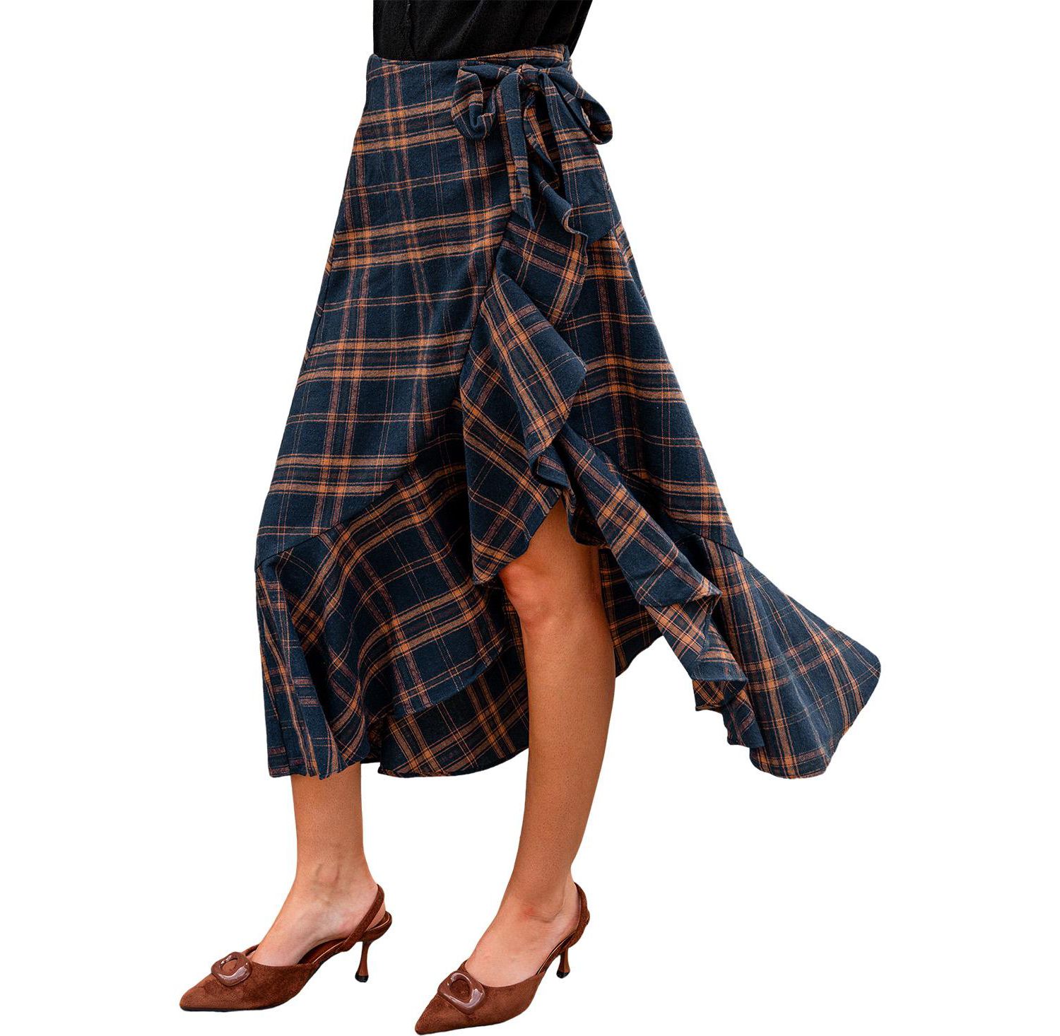 Women's Extra Credit Plaid High-Waisted Asymmetrical Midi Skirt