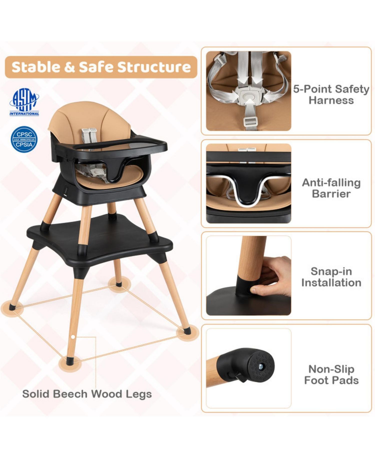 Convertible High Chair with Solid Wood Legs and 5-Point Harness