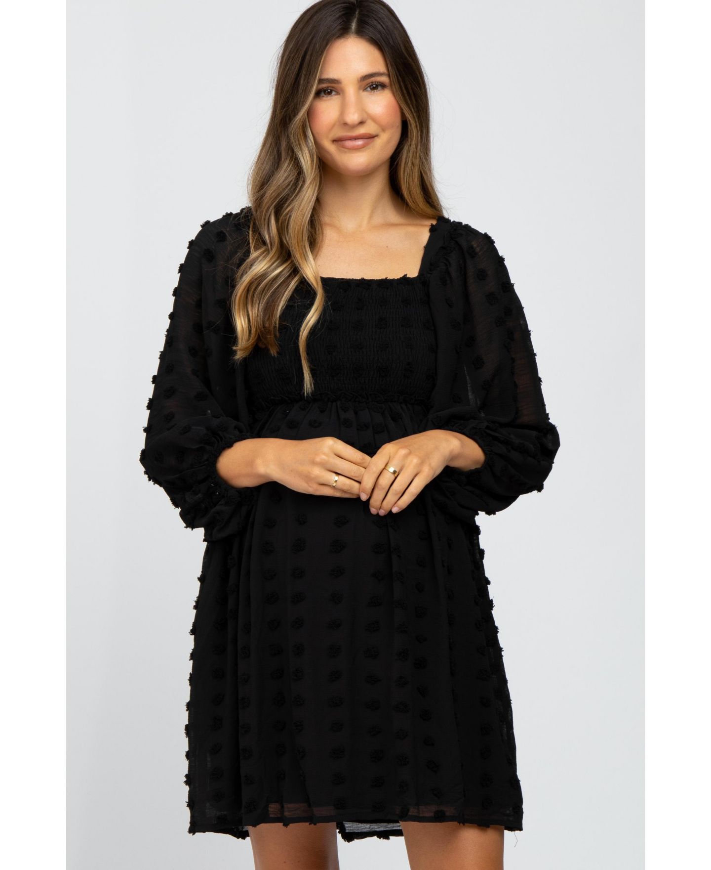 Женское платье Pinkblush Black Textured Dot Smocked Square Neck Chiffon, цвет: Чёрный — фото 3