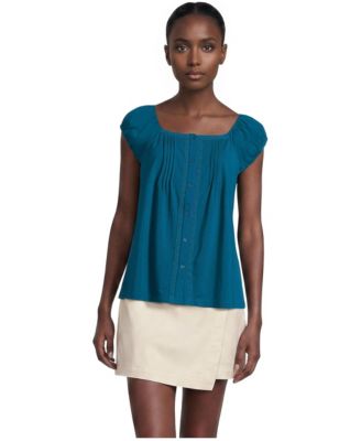 Women's Sleeveless Lightweight Jersey Pintuck Button Front Blouse